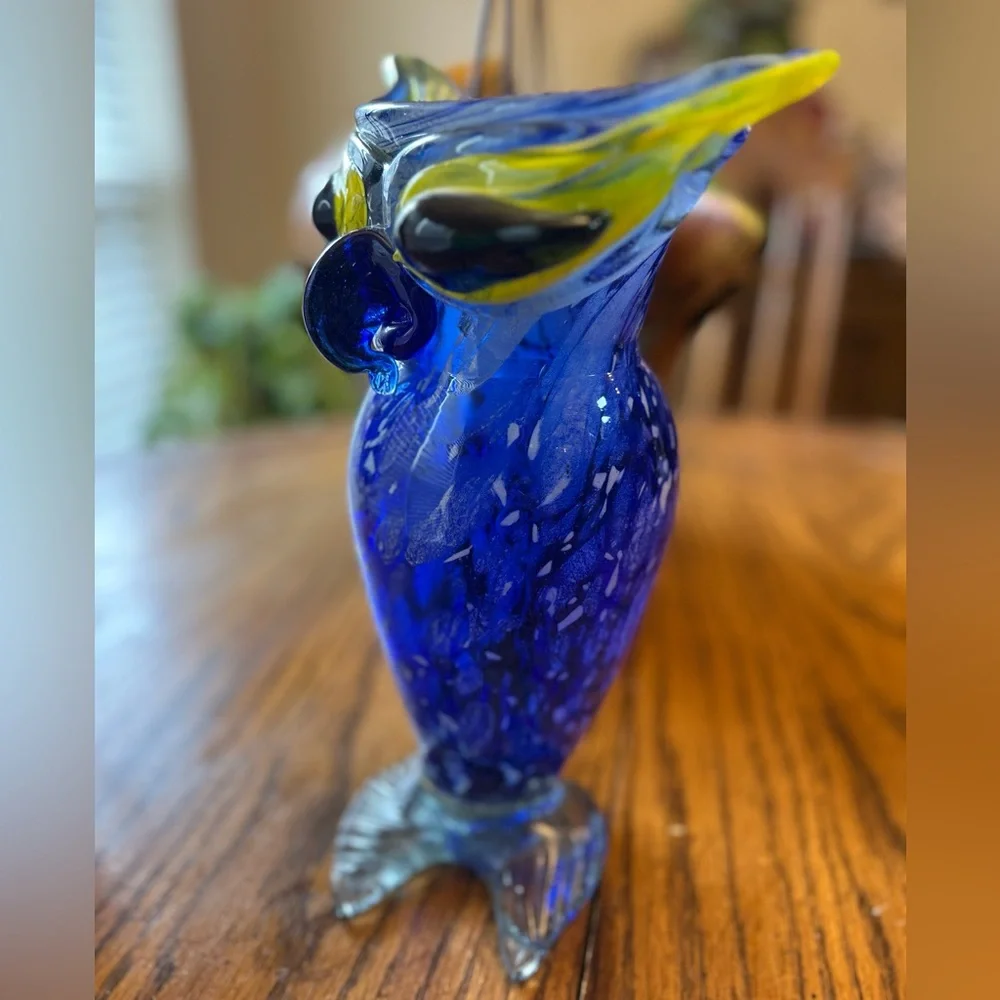 Vintage Murano Glass Hand Blown 12 Inch Tall Blue and Yellow Decorative Owl Vase